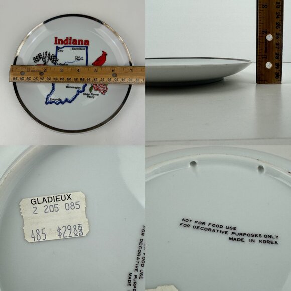 Vtg Indiana Round Souvenir Plate Bird Racecar Flower Ceramic White Cream Silver - Picture 3 of 13